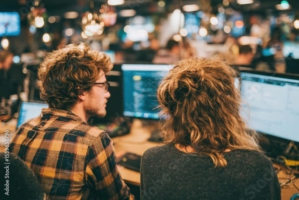 Obraz Coworkers Collaborating at Open Office Space with Computers in Modern Work Environment