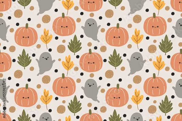 Fototapeta Seamless Halloween pattern with pumpkins ghosts leaves and dots