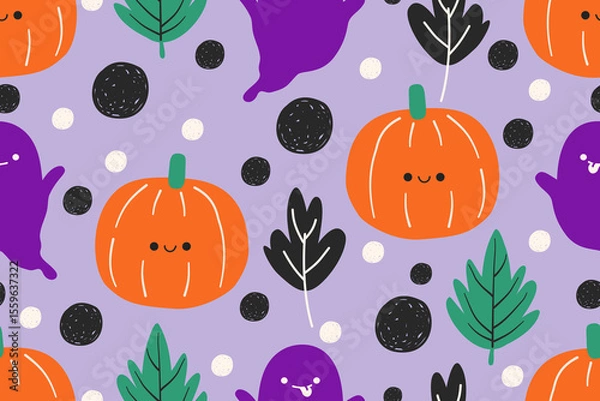 Fototapeta Seamless Halloween pattern with pumpkins ghosts leaves and dots