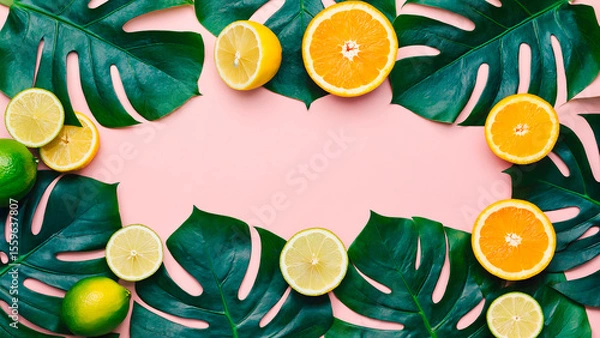 Fototapeta Tropical summer background in flat lay style. In the center there is free space for text or advertising. The atmosphere of freshness, brightness and summer.