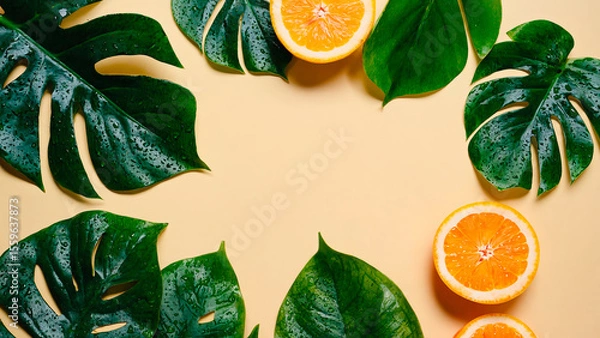 Fototapeta Tropical summer background in flat lay style. In the center there is free space for text or advertising. The atmosphere of freshness, brightness and summer.