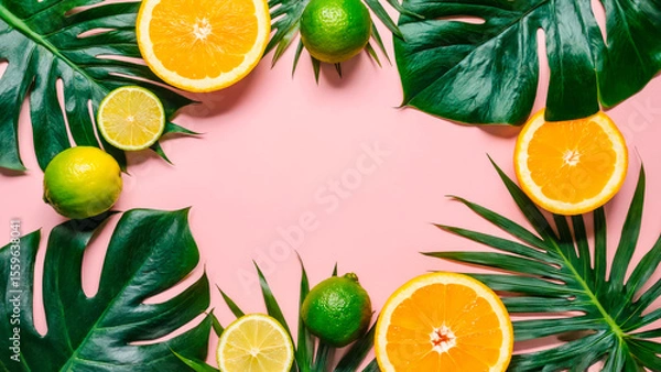 Fototapeta Tropical summer background in flat lay style. In the center there is free space for text or advertising. The atmosphere of freshness, brightness and summer.
