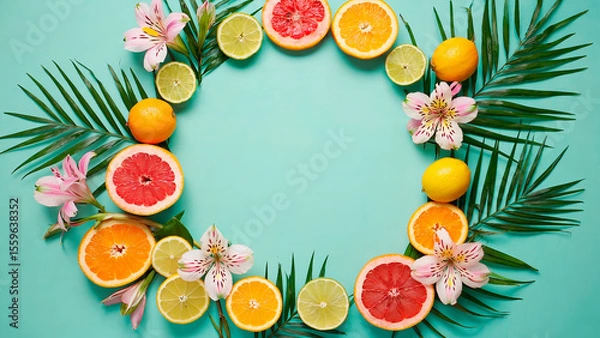 Fototapeta Tropical summer background in flat lay style. In the center there is free space for text or advertising. The atmosphere of freshness, brightness and summer.