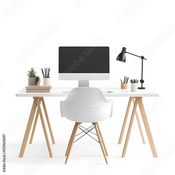 Fototapeta Modern Minimalist Workspace with Computer and Creative Accessories