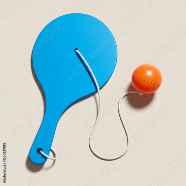 Fototapeta A blue paddle connected by a string to an orange ball on a neutral background.