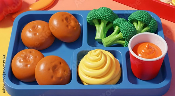Fototapeta A blue tray with brown buns, broccoli, mashed potatoes, and a cup of orange sauce.