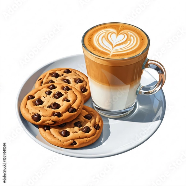 Fototapeta A glass mug with layered coffee and heart-shaped latte art on a white plate with three chocolate chip cookies.