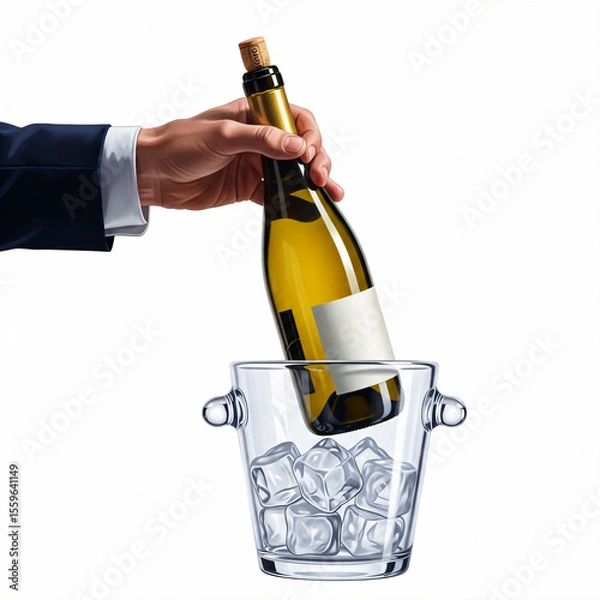 Fototapeta A hand holds a wine bottle above a clear ice bucket with ice cubes.