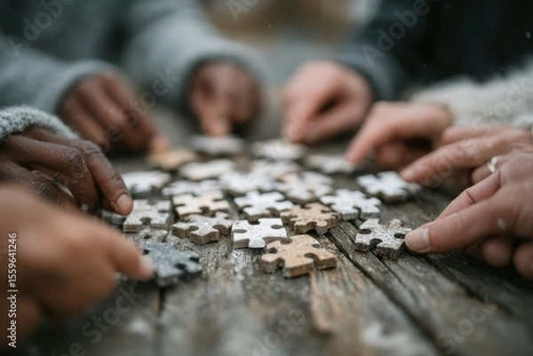 Obraz Diverse Team Members Collaborating to Combine Puzzle Pieces Together on a Table Surface