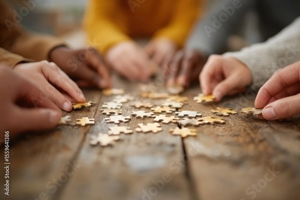 Obraz Diverse Hands of Team Members Collaborating to Combine Puzzle Pieces on a Wooden Table