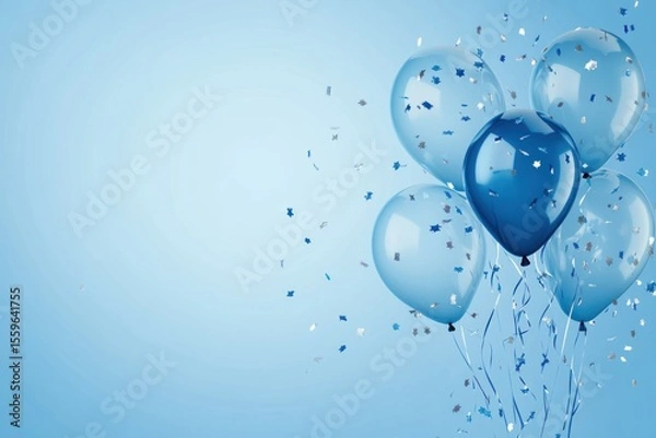 Fototapeta Blue background with floating 3D glossy balloons and confetti, transparent overlay, blank space for text, celebration event banner