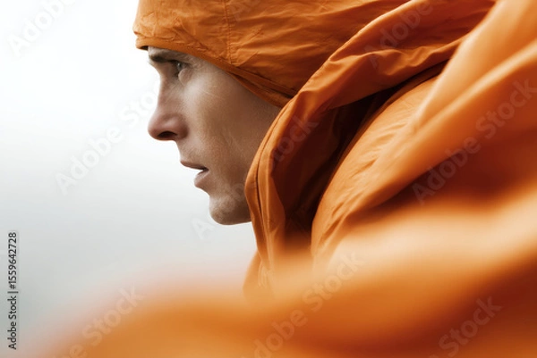 Fototapeta dynamic portrait of base jumper in bright orange suit positioned left in frame showing sense of freedom