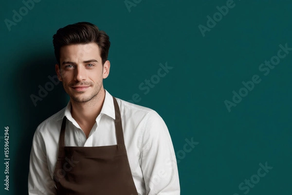 Fototapeta friendly waiter with soft smile positioned on right side of frame against clean light background
