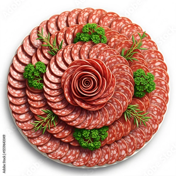 Fototapeta A platter of sliced salami arranged in a spiral with a central rose shape, garnished with parsley and rosemary.