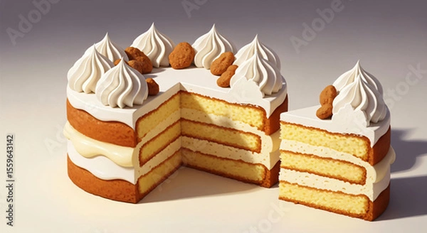 Fototapeta A three-layer cake with swirls of white frosting and small round cookies on top, with a slice removed.