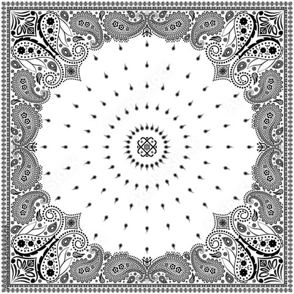 Fototapeta Bandana paisley square ethnic floral hand drawn pattern.Ornament classic vintage vector elements black on white background.Design for scarf,headscarf,kerchief,hijab,tablecloth,print fabric,decoration.