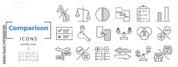 Obraz Comparison icon set with vector symbols for test, compare, versus, and business analysis. Includes vs, scale, and data tools for chart or finance use. Editable stroke.