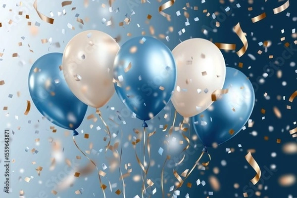 Fototapeta Birthday party banner with blue wallpaper filled with realistic 3D balloons and confetti on transparent background, space for message