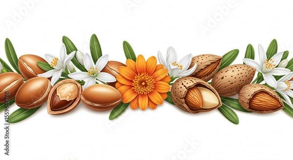 Fototapeta Arrangement of nuts and almonds with white and orange flowers on a white background.