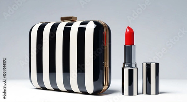 Fototapeta Black and white striped clutch with a gold clasp, next to a red lipstick with a matching striped design.