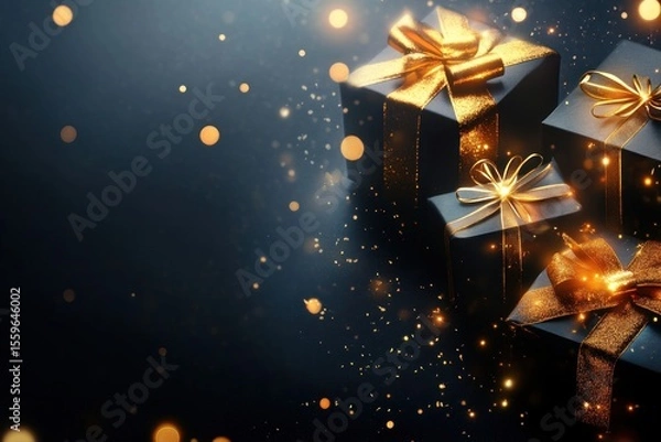 Fototapeta Abstract black Friday background with glowing gift boxes and celebratory golden elements