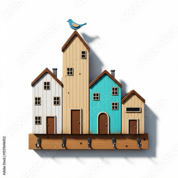 Fototapeta Decorative coat rack resembling a row of miniature houses with a blue bird on top.