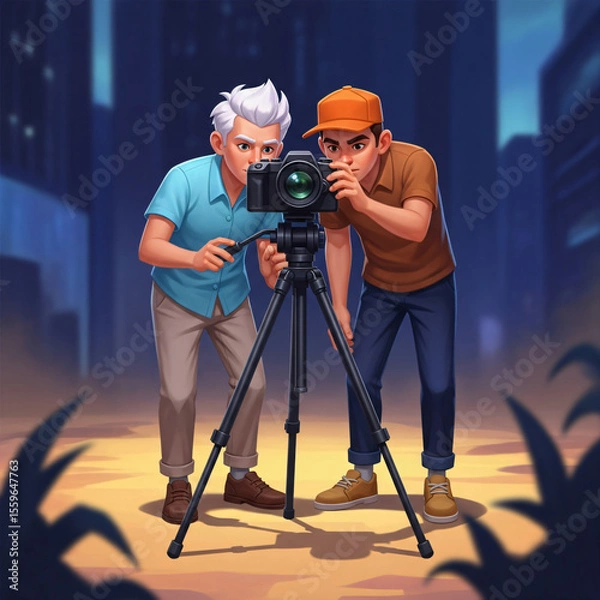 Fototapeta Two animated characters adjust a camera on a tripod in a dimly lit outdoor setting.