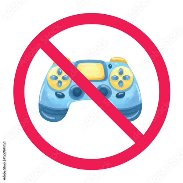 Obraz No playing games sign, prohibited video game symbol, game controller with red crossed circle symbol, stop gaming icon, restricted gaming activity sign
