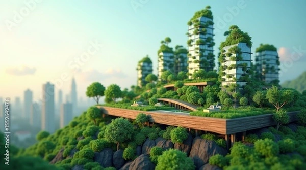 Fototapeta 3D rendering of a futuristic eco-friendly city built on a floating island, featuring tall glass skyscrapers and lush green trees.