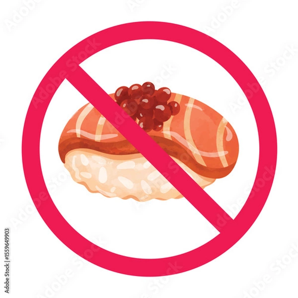 Obraz No sushi sign, forbidden sushi sign, sushi with red crossed circle symbol, do not eat sushi warning, no Japanese food allowed, banned raw fish food sign