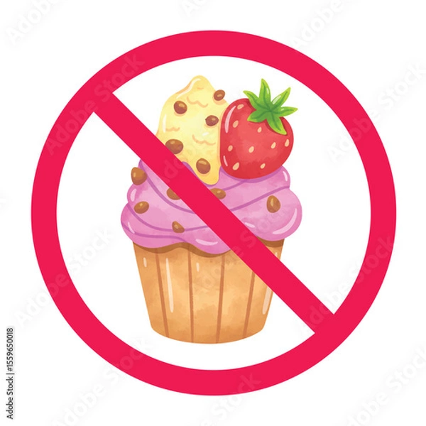 Obraz No sweets sign, forbidden cupcake sign, cupcake with red crossed circle symbol, anti sugar food symbol, no cake allowed sign, sugar restriction warning symbol
