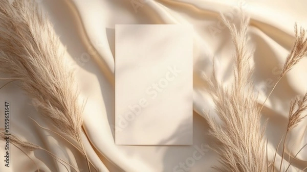 Fototapeta Wedding menu mockup with pampas grass and beige silk cloth creates elegant and minimalist design