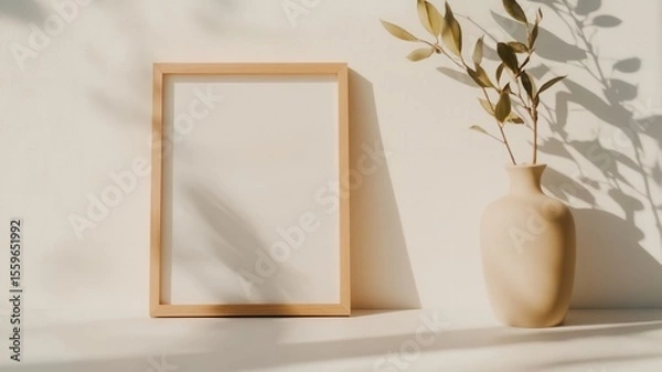 Fototapeta Wooden frame mockup leaning against white wall, complemented by pampas grass vase, casting soft shadows in minimalist interior design setting