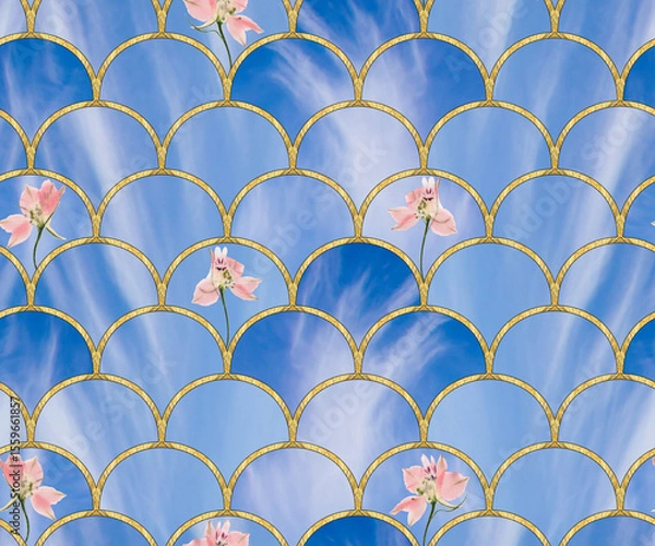 Fototapeta Arcs seamless pattern. Grid. Mosaic, inlay. Illustration in stained glass style. Art Deco. Delphinium. Seamless tracery pattern for wallpapers, textile print, bandanas, t-shirts. Oriental pattern.