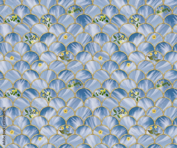 Fototapeta Grid. Mosaic, inlay. Arcs seamless pattern. Illustration in stained glass style. Art Deco. Loosestrife. Seamless tracery pattern for wallpapers, textile print, bandanas, t-shirts. Oriental pattern.