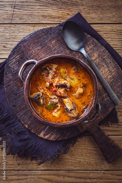 Obraz Pizza soup with vegetables, mushrooms and minced meat, minestrone