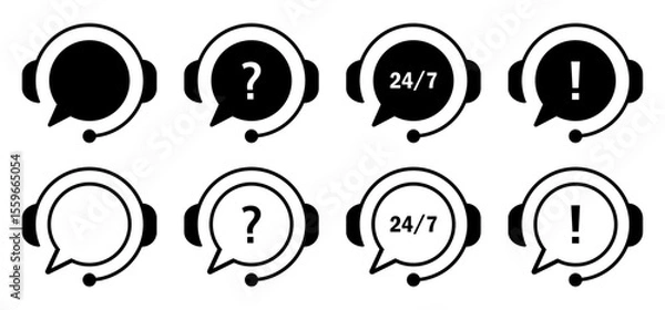 Fototapeta Set of customer support headset icons with speech bubbles, question marks, exclamation points, and 24/7 service text. Perfect for call center, helpdesk, or live chat vector illustrations.