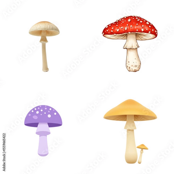 Fototapeta Collage: set of poisonous mushrooms in brown, red and purple tones on isolated transparent background