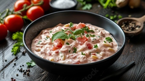 Fototapeta Creamy tomato pasta dish in a black bowl, garnished with basil and parsley, on a dark wooden table with fresh tomatoes and spices.