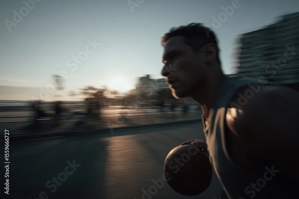 Fototapeta street basketball player dribbling with strong emotional expression positioned on right side of frame