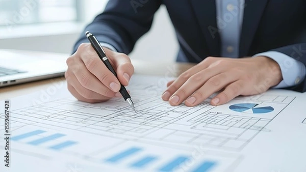 Fototapeta A professional businessman in a suit meticulously reviews financial documents, writing and analyzing data charts with a pen at his office desk, focusing o