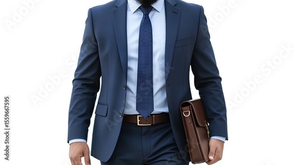 Fototapeta Cropped torso of an elegant businessman in a formal navy suit, confidently holding a brown leather briefcase while standing isolated on a white background, ready for a corporate me