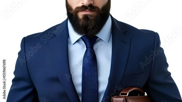 Fototapeta Close-up of a stylish bearded businessman in a formal navy suit and tie. He is isolated on a white background, projecting confidence, success, and modern corporate style.
