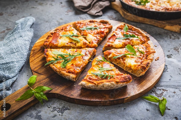 Obraz Fresh homemade Italian pizza with ham and buffalo mozzarella