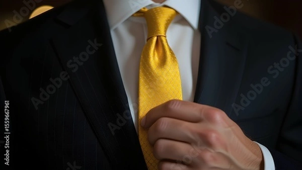 Fototapeta Close-up of a successful man in a sharp pinstripe suit, meticulously adjusting his bold yellow tie. This image conveys elegance, confidence, and preparation for a formal b