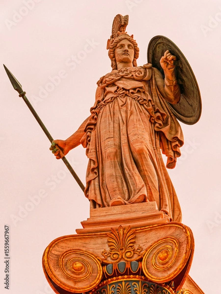 Obraz Statue of Athena, the Greek goddess of wisdom and knowledge, with helmet, a sharp spear and shield on a gold gilded column. craftsmanship highlights the power of the deity, set in a timeless backdrop.