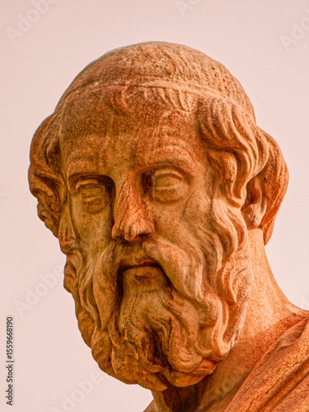 Obraz Marble head of Plato, the ancient Greek philosopher, depicted in deep thought. A classical sculpture showcasing wisdom and intellect.