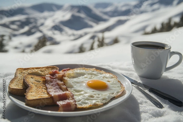 Fototapeta American breakfast against the backdrop of snow-capped mountains. Fried eggs with bacon and toast, a cup of coffee, a knife and fork. Healthy breakfast. The concept of healthy eating. Vacation. Resort