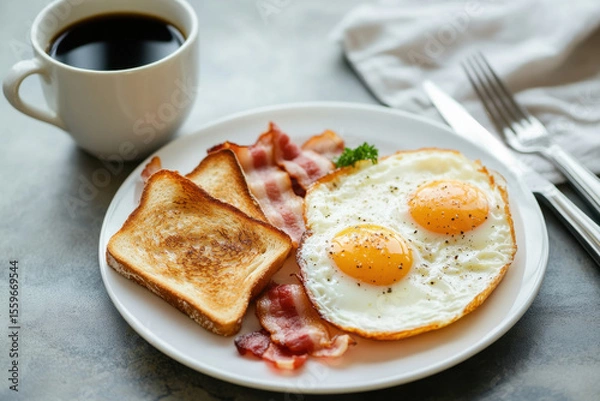 Fototapeta Homemade American breakfast. Fried eggs with bacon and toast, a cup of coffee, a fork and knife on a grey table. Healthy breakfast. The concept of healthy eating. Morning Sunlight