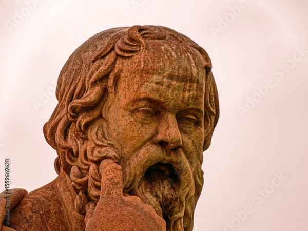 Obraz Stone sculpture of Socrates, the ancient Greek philosopher, portraying deep contemplation against a timeless backdrop. Classical representation of wisdom and intellectual legacy.
